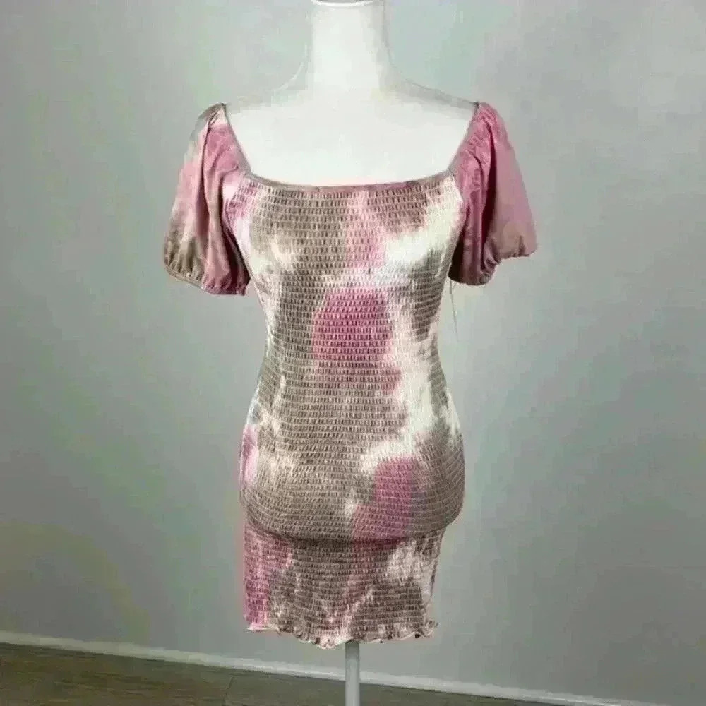 VIBE Pink Tie Dye Ruched Mini Dress Size M NWT